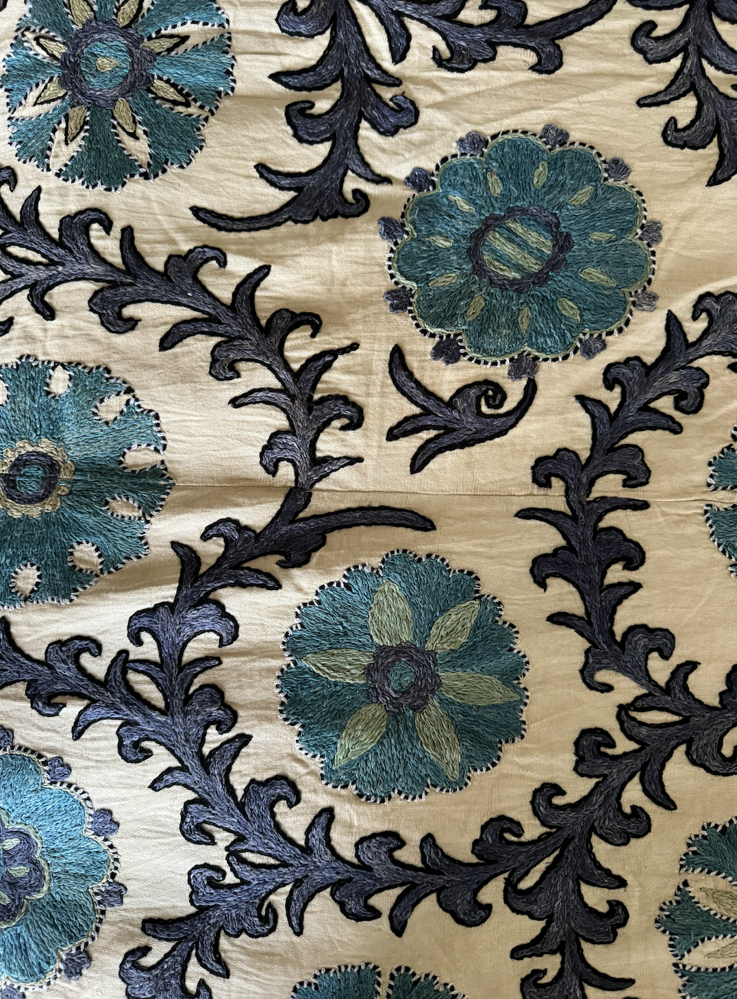 Striking & Rare Blue Toned Large Silk on Silk Suzani Fabric