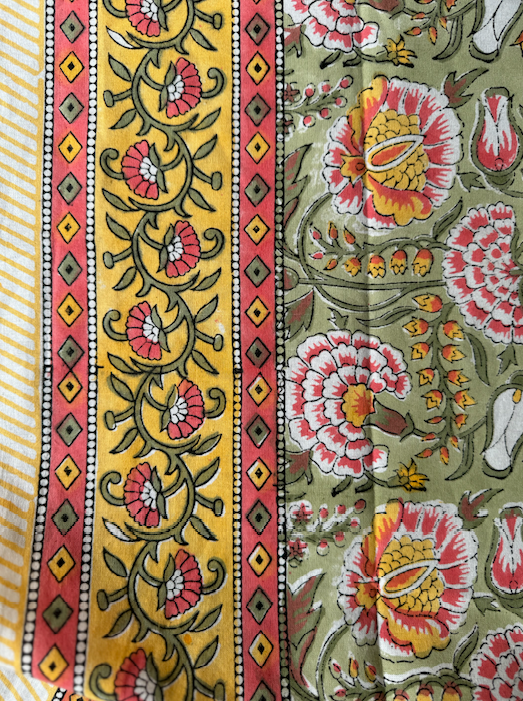 Green, Pink & Yellow Blockprinted Cotton Tablecloth - Various Sizes