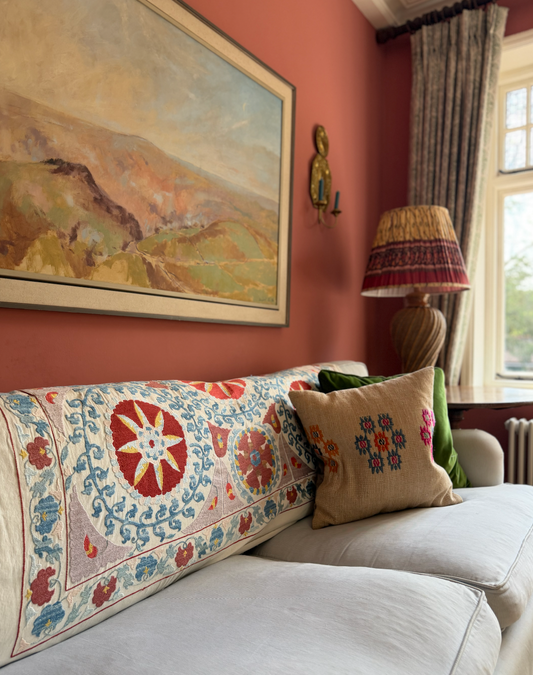 Red Medallion & Blue Scrolling Suzani, Medium