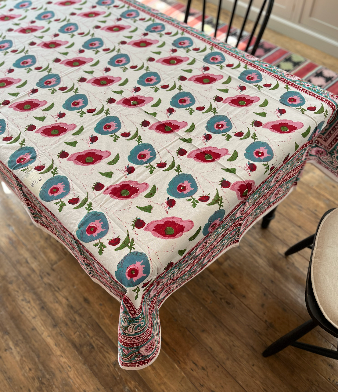 Blue, Pinks & Red Blockprinted Cotton Tablecloth - Various Sizes