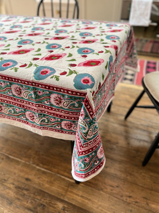Blue, Pinks & Red Blockprinted Cotton Tablecloth - Various Sizes