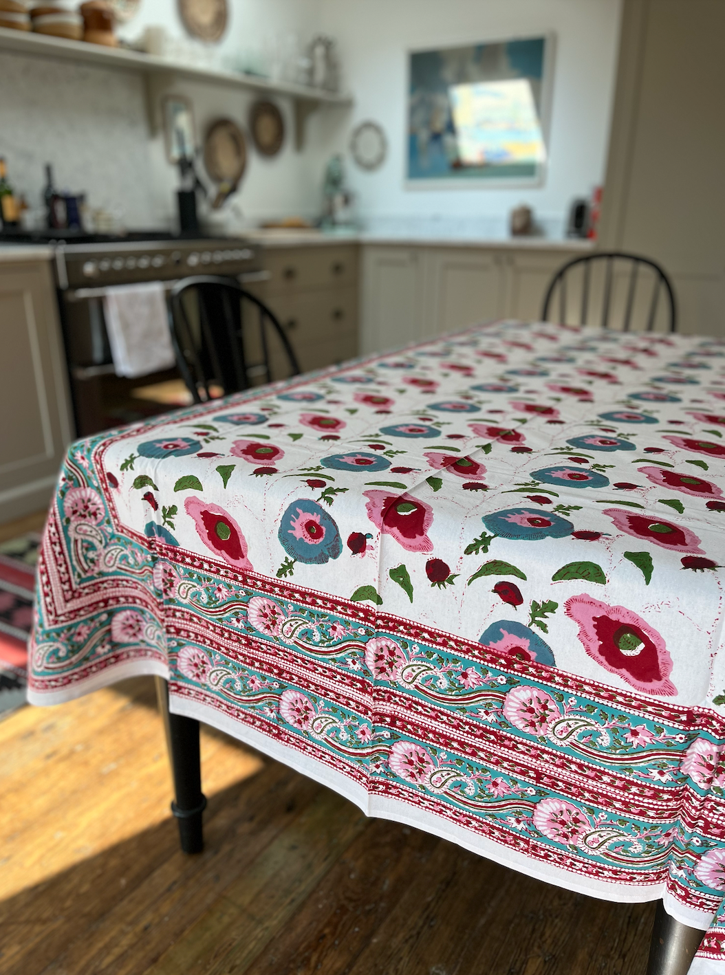 Blue, Pinks & Red Blockprinted Cotton Tablecloth - Various Sizes