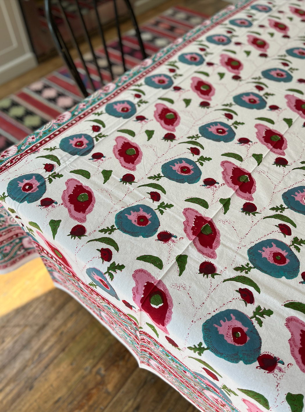 Blue, Pinks & Red Blockprinted Cotton Tablecloth - Various Sizes