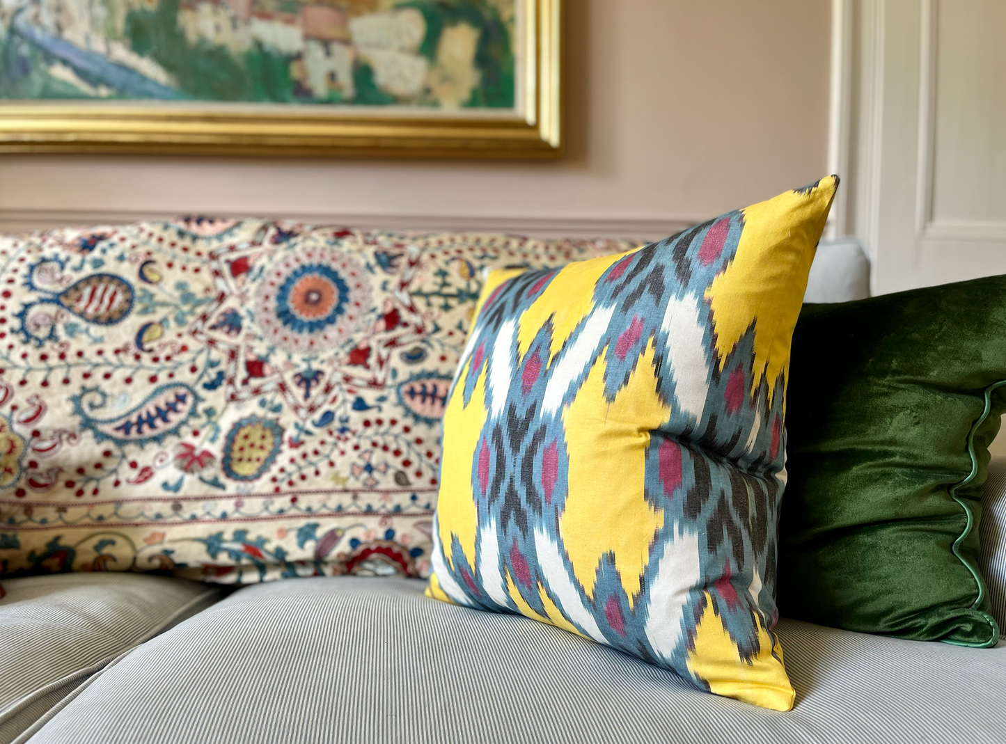 Yellow & Blue Cotton Ikat Cushion
