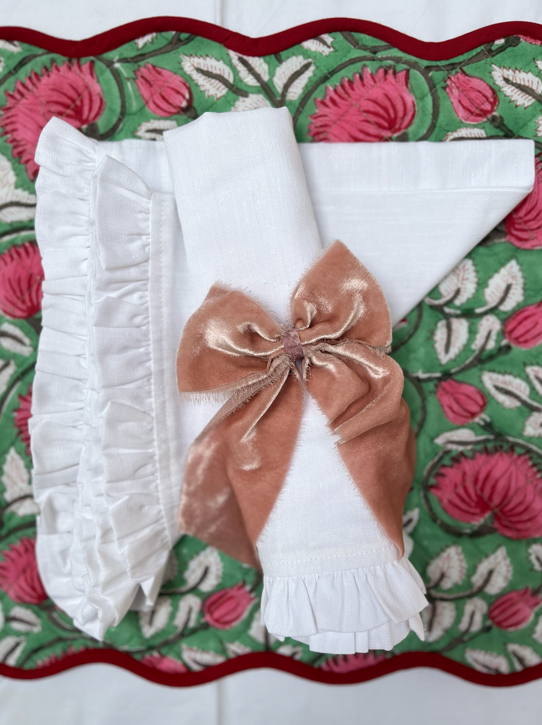 Ruffled Linen Square Cotton Napkins - White