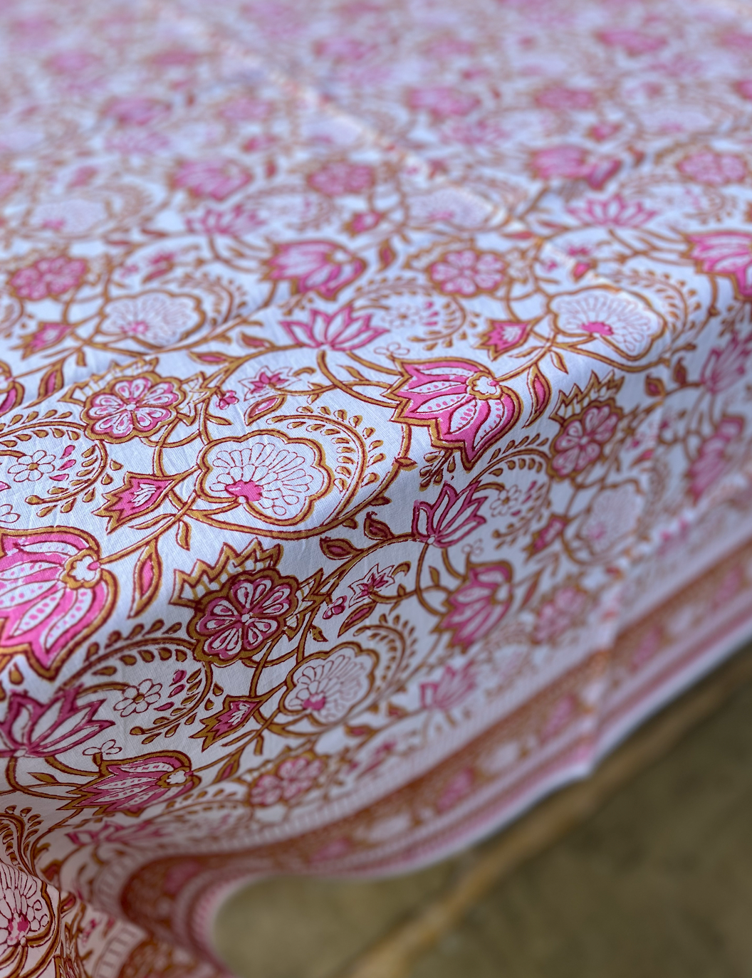 Pink Toned Floral Blockprinted Cotton Tablecloth