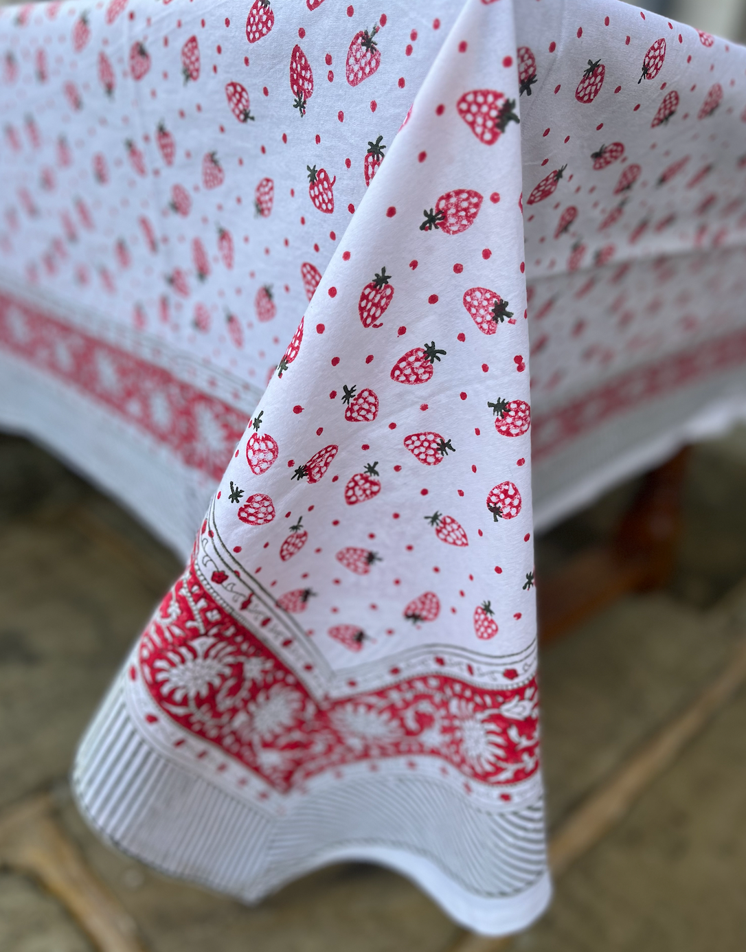 Red & White with Strawberries Blockprinted Cotton Tablecloth