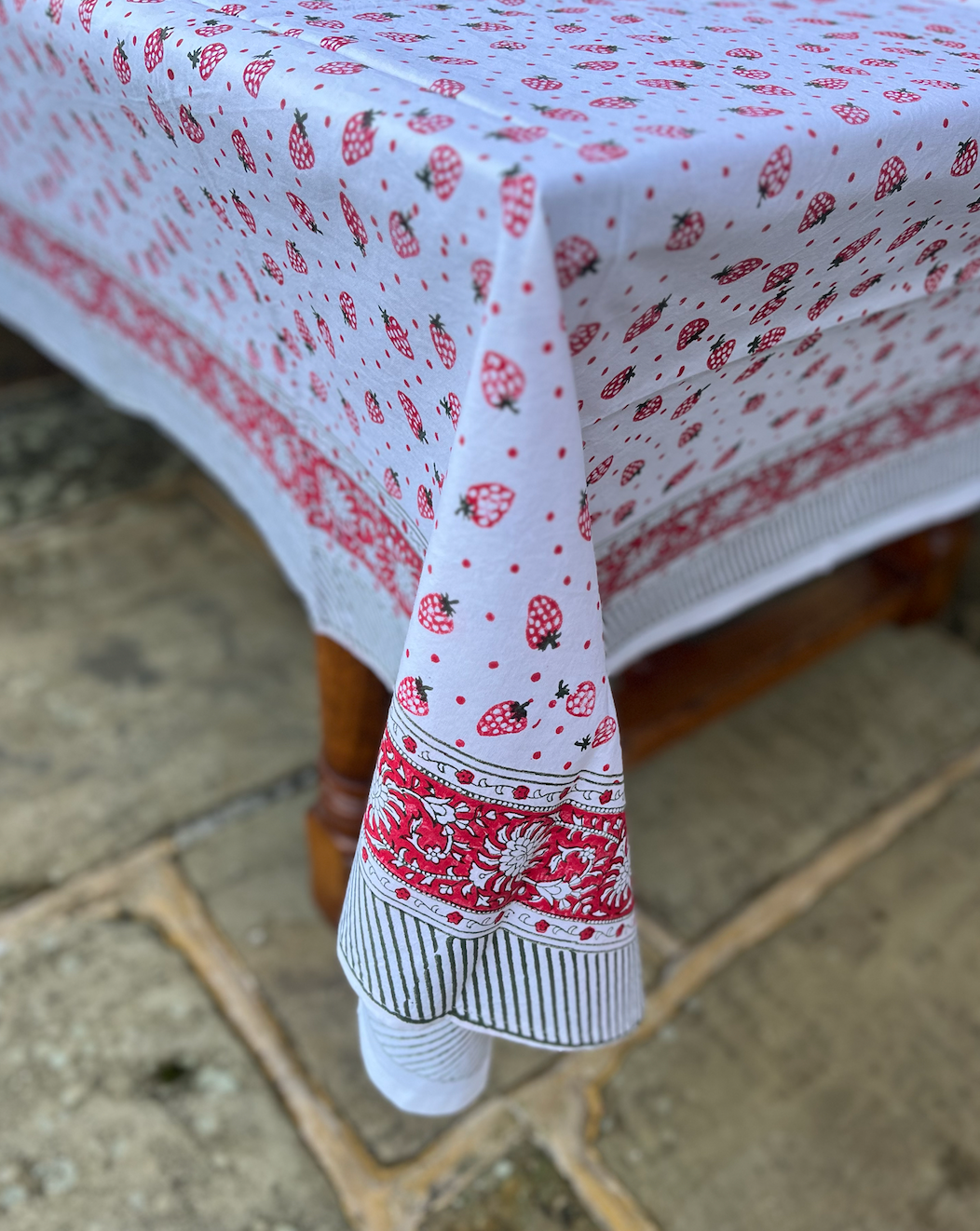 Red & White with Strawberries Blockprinted Cotton Tablecloth