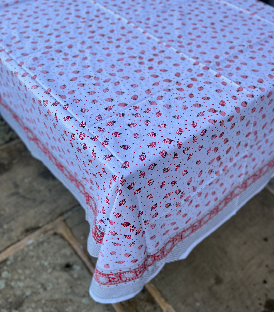 Red & White with Strawberries Blockprinted Cotton Tablecloth