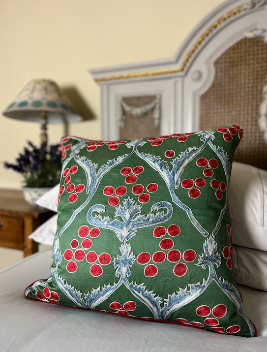 Green, Red & Soft Blue Silk Suzani Cushion with Piped Edge