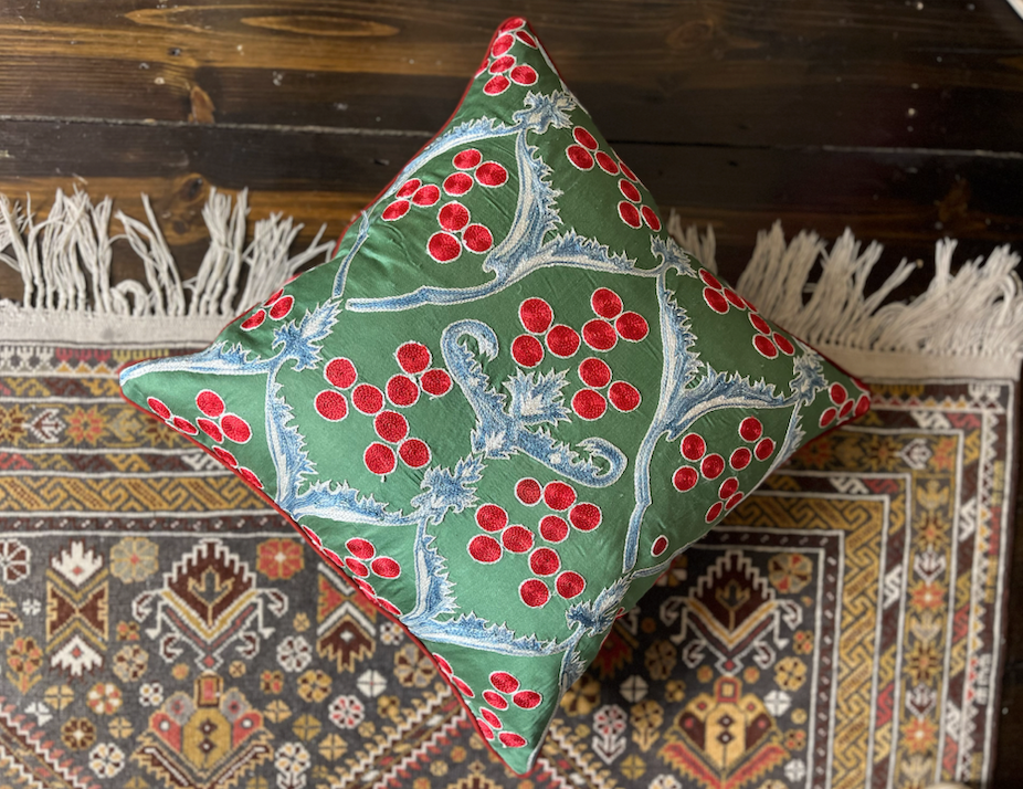 Green, Red & Soft Blue Silk Suzani Cushion with Piped Edge