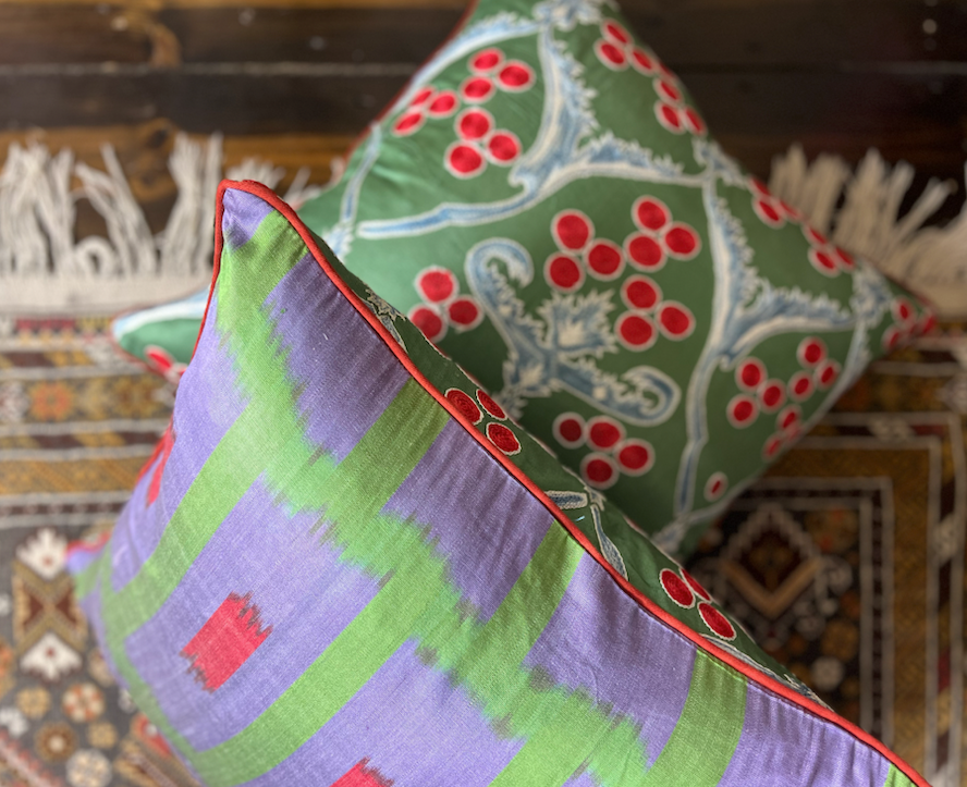 Green, Red & Soft Blue Silk Suzani Cushion with Piped Edge