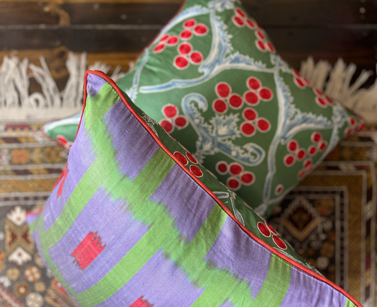 Green, Red & Soft Blue Silk Suzani Cushion with Piped Edge