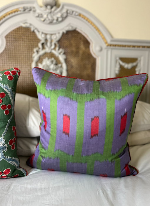Green, Red & Soft Blue Silk Suzani Cushion with Piped Edge