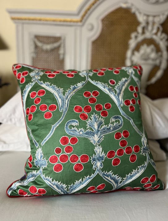 Green, Red & Soft Blue Silk Suzani Cushion with Piped Edge
