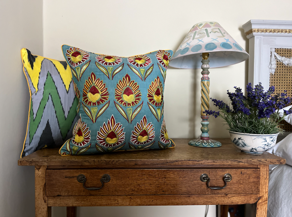 Fabulous Blue, Red & Yellow Flower Silk Suzani Cushion with Piped Edge