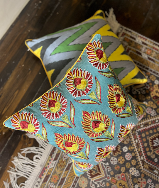 Fabulous Blue, Red & Yellow Flower Silk Suzani Cushion with Piped Edge