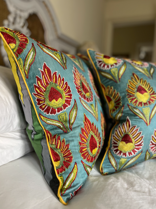 Fabulous Blue, Red & Yellow Flower Silk Suzani Cushion with Piped Edge