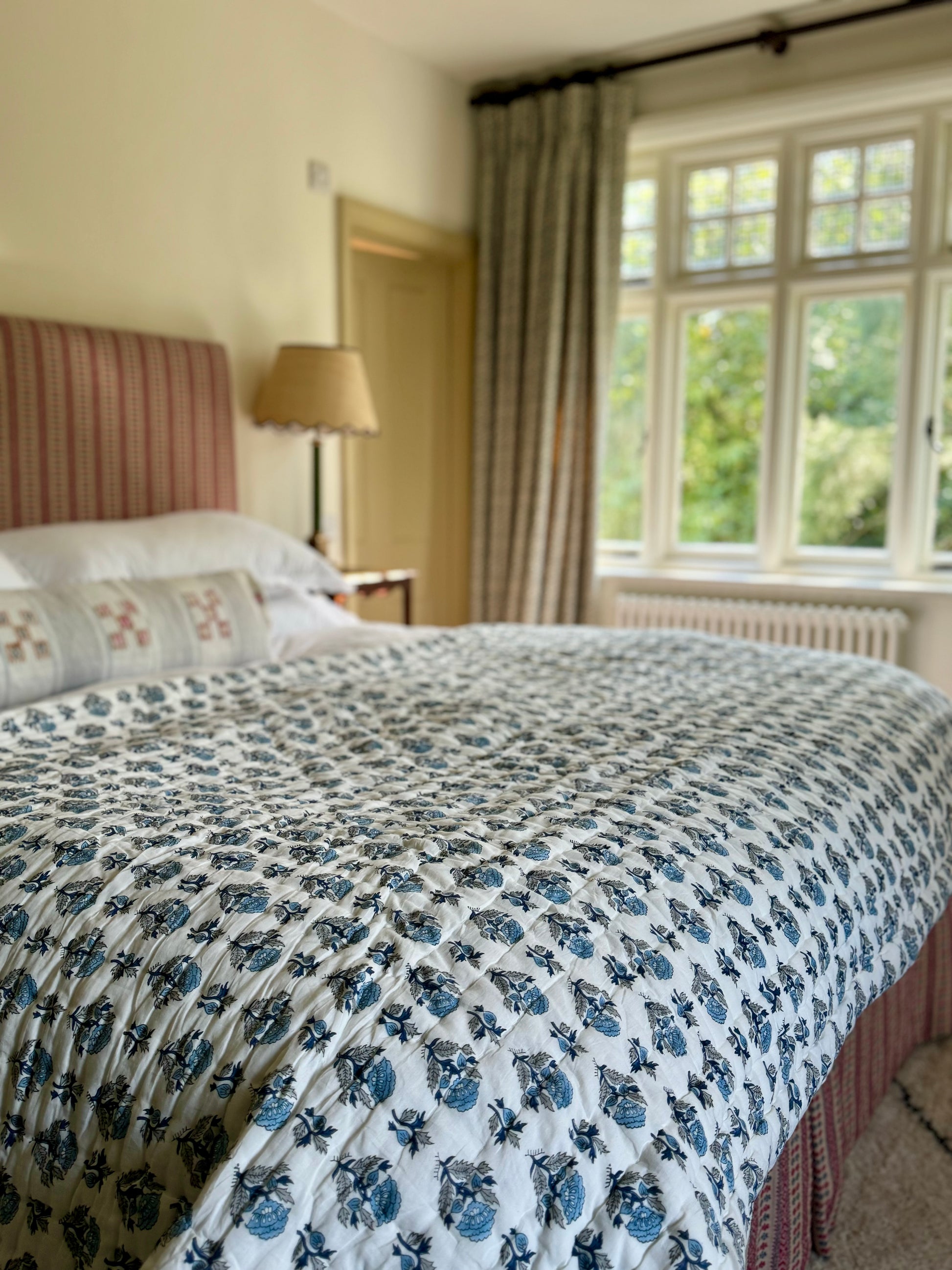 Beautiful Blue Floral Blockprinted Cotton Quilt