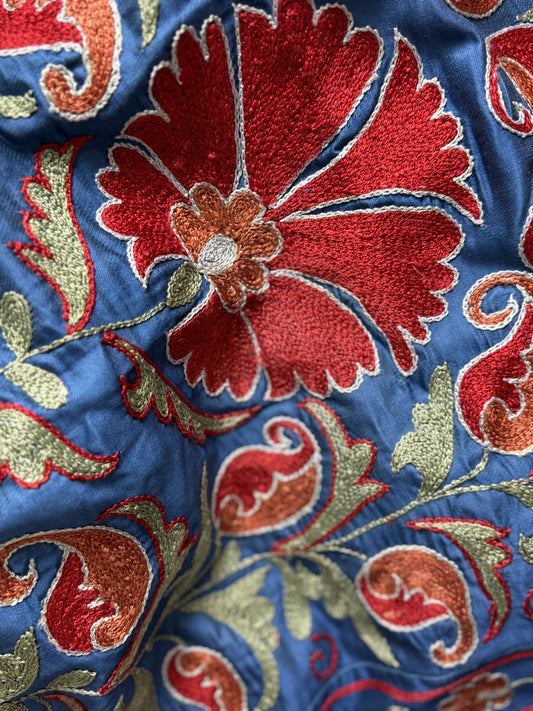 Large Bold Blue & Red Detailed Silk Suzani Fabric