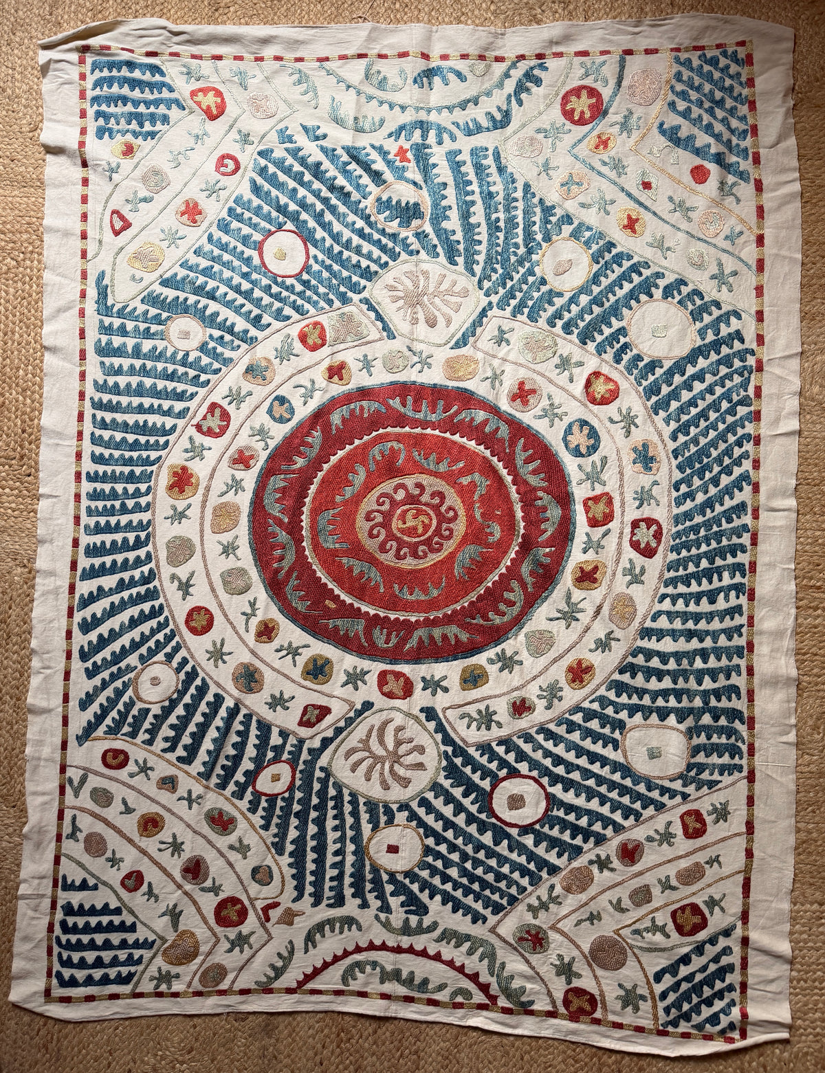 Red Medallion & Radiating Blue Leaf Suzani, Medium