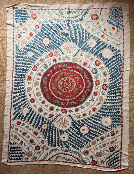 Red Medallion & Radiating Blue Leaf Suzani, Medium