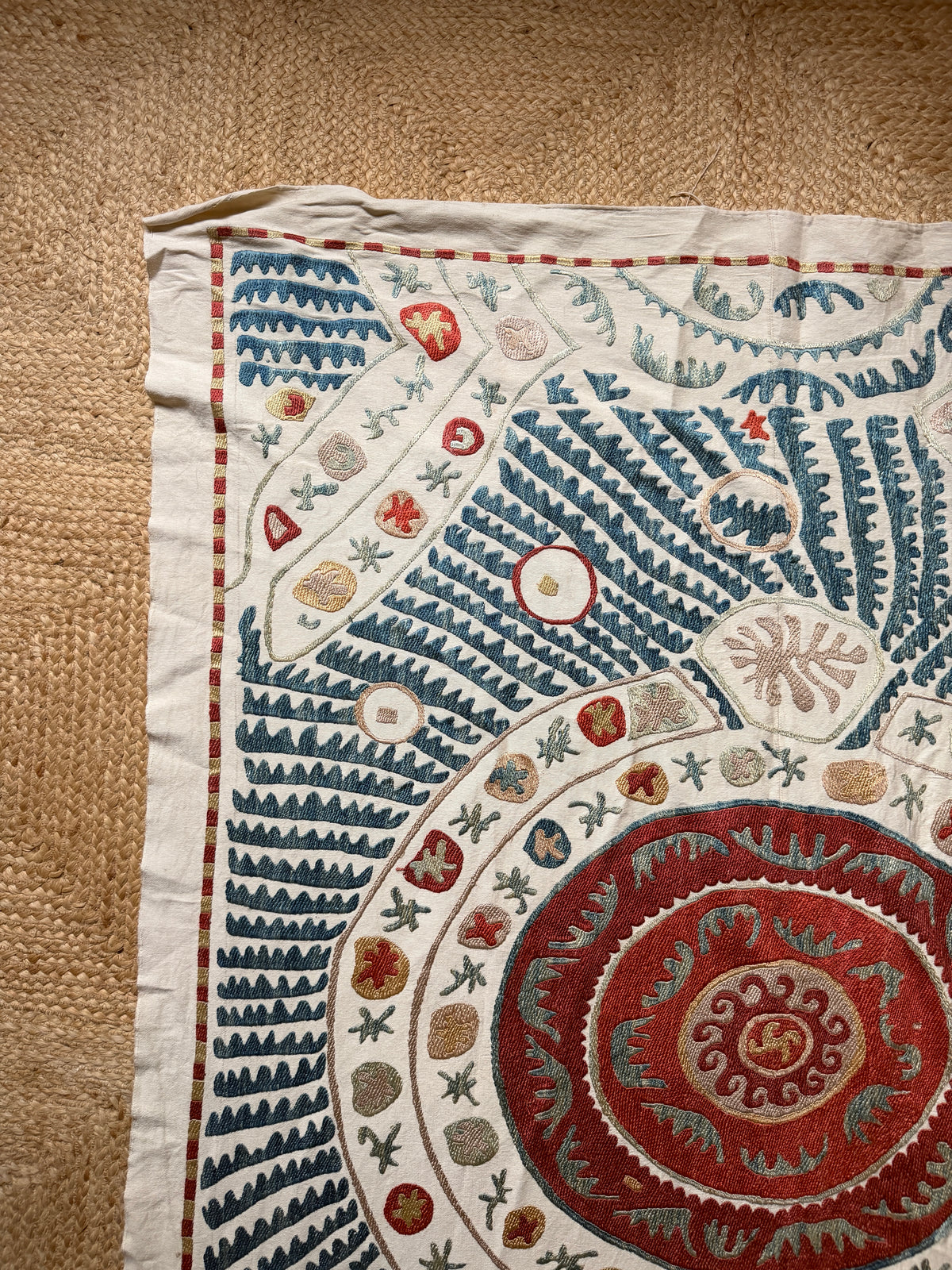 Red Medallion & Radiating Blue Leaf Suzani, Medium