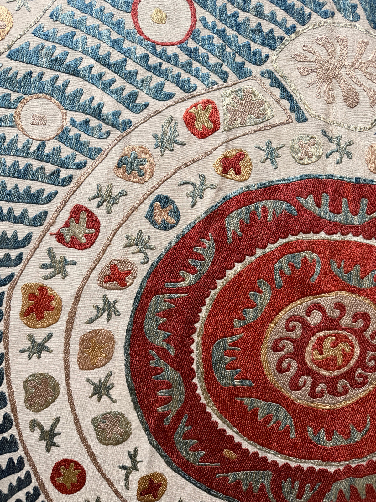 Red Medallion & Radiating Blue Leaf Suzani, Medium