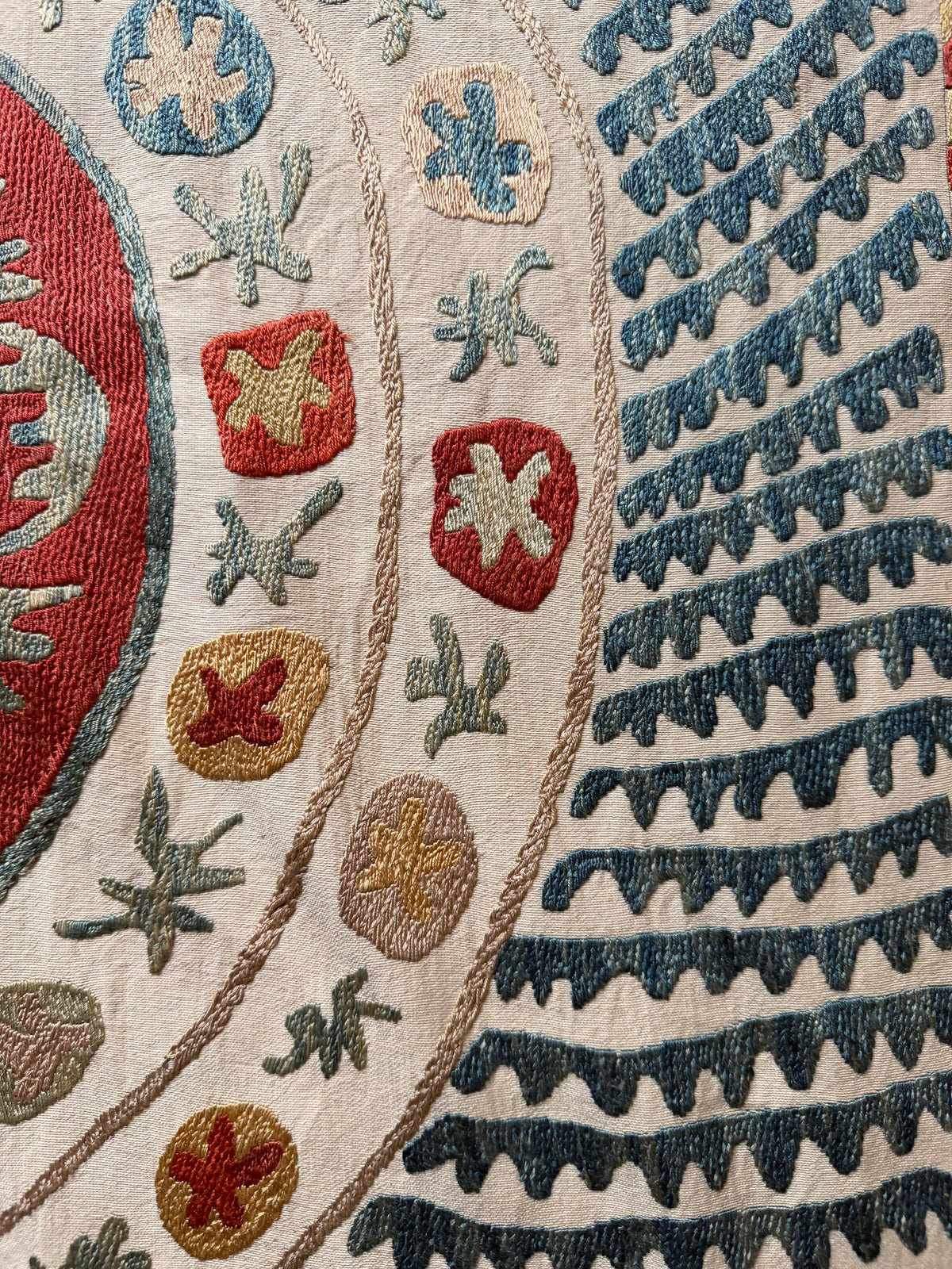 Red Medallion & Radiating Blue Leaf Suzani, Medium