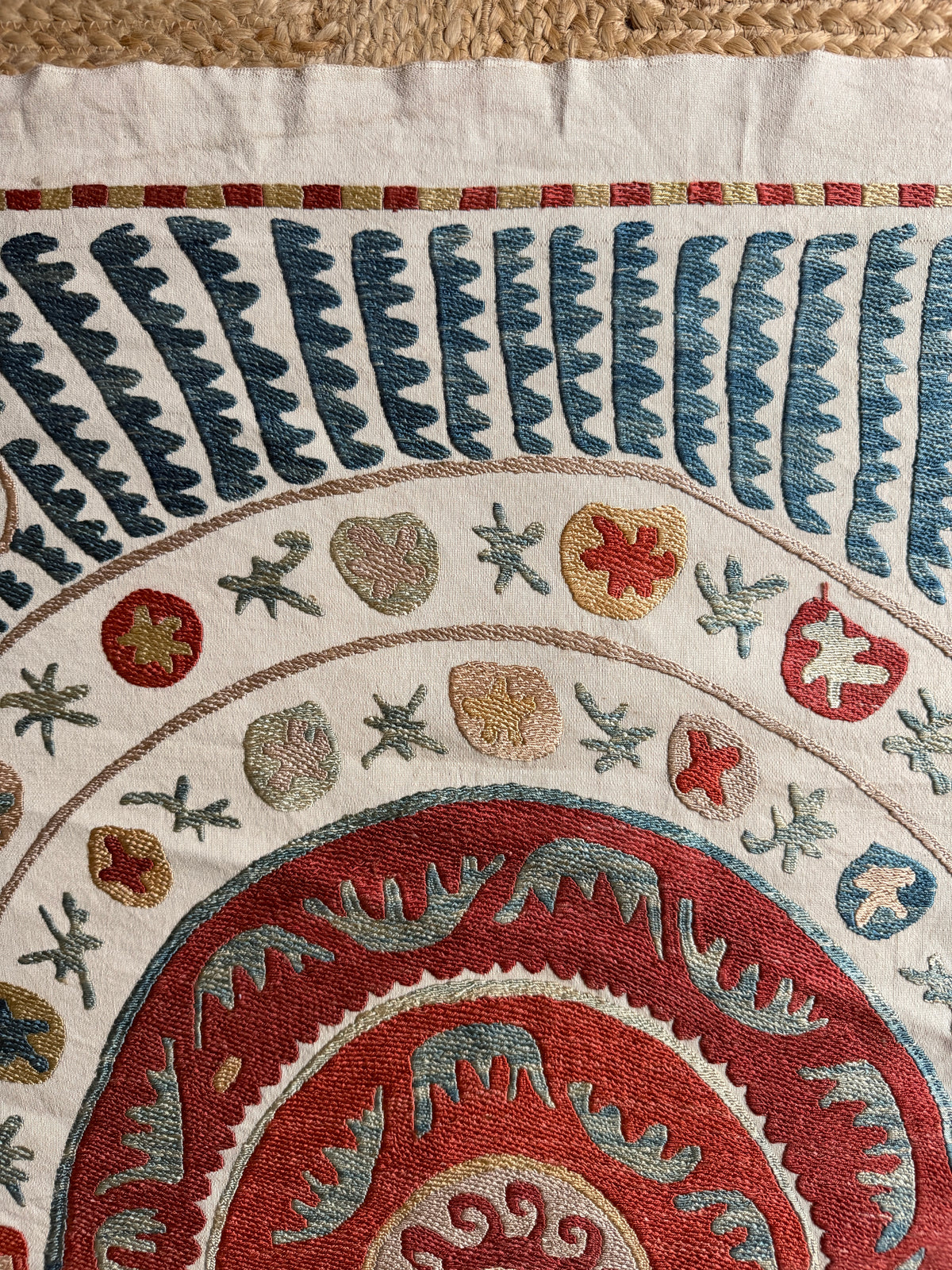Red Medallion & Radiating Blue Leaf Suzani, Medium