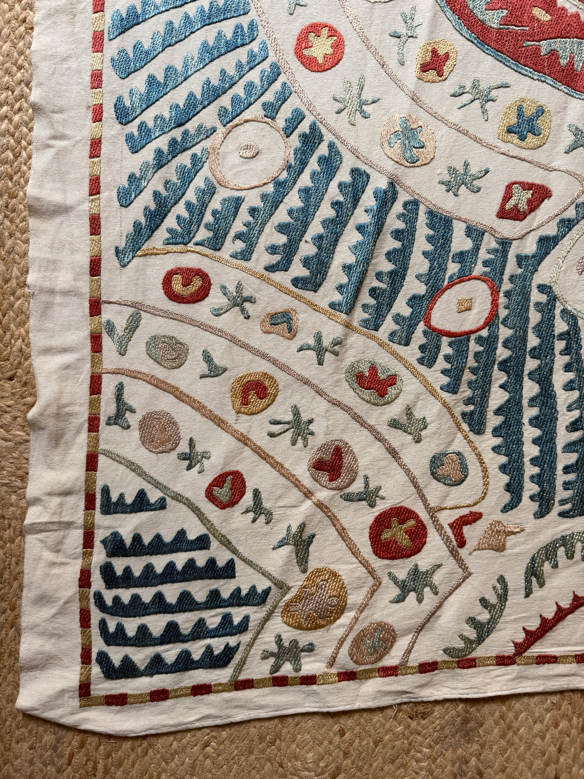 Red Medallion & Radiating Blue Leaf Suzani, Medium