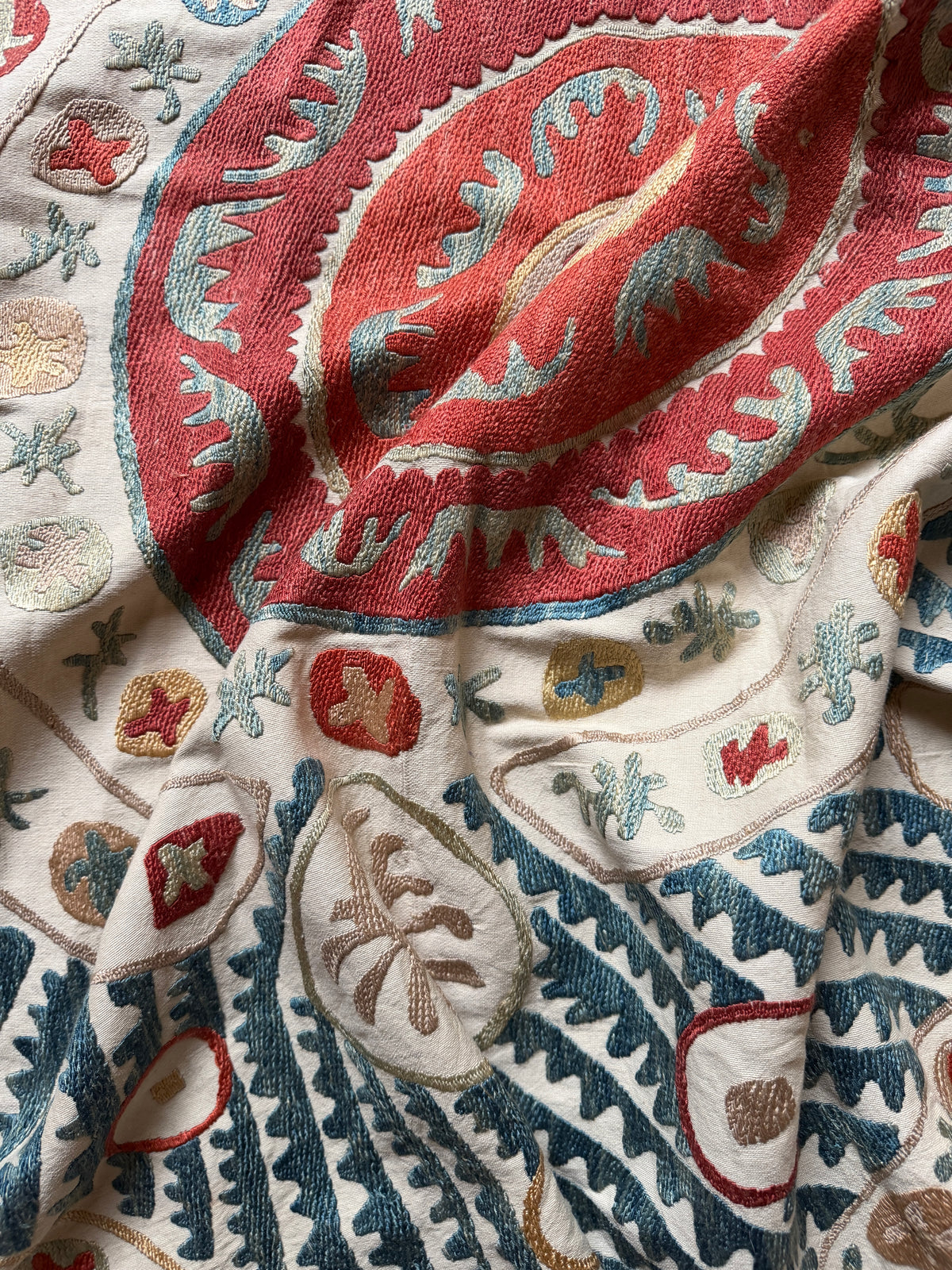 Red Medallion & Radiating Blue Leaf Suzani, Medium