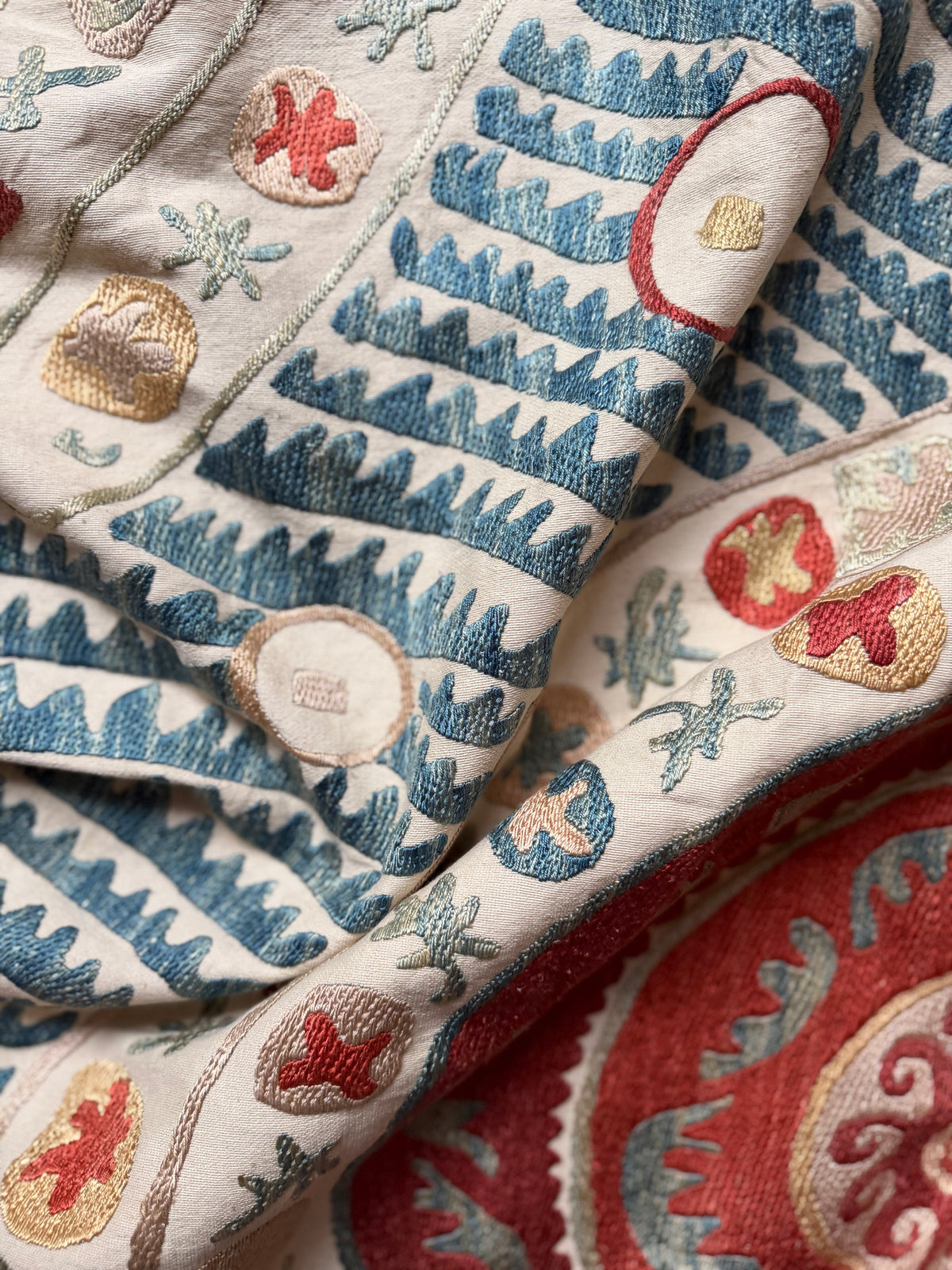 Red Medallion & Radiating Blue Leaf Suzani, Medium