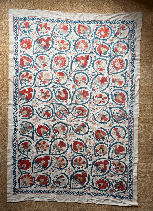Red Floral & Blue Paisley Vine Suzani, Medium