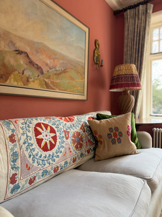 Red Medallion & Blue Scrolling Suzani, Medium