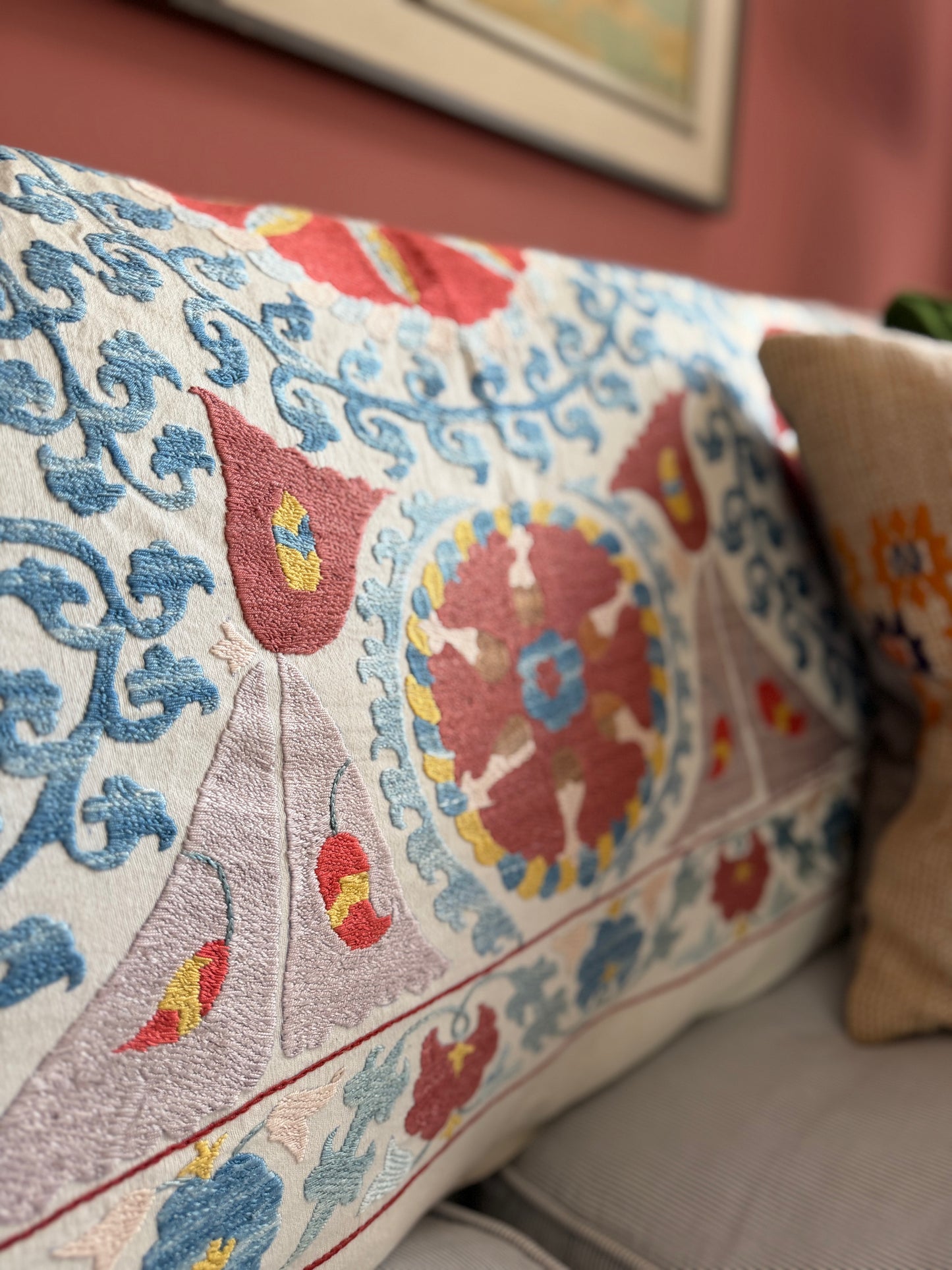 Red Medallion & Blue Scrolling Suzani, Medium