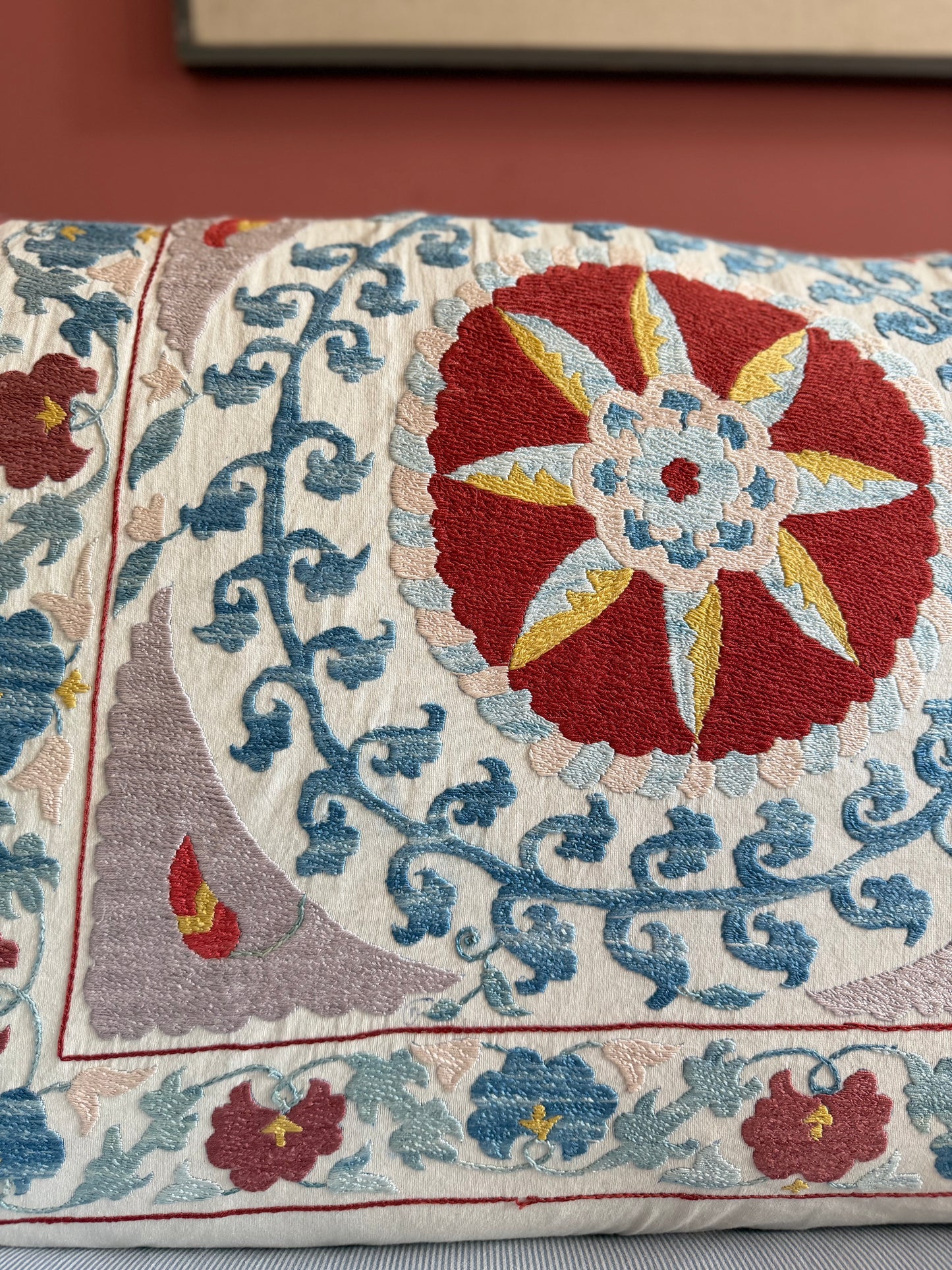 Red Medallion & Blue Scrolling Suzani, Medium
