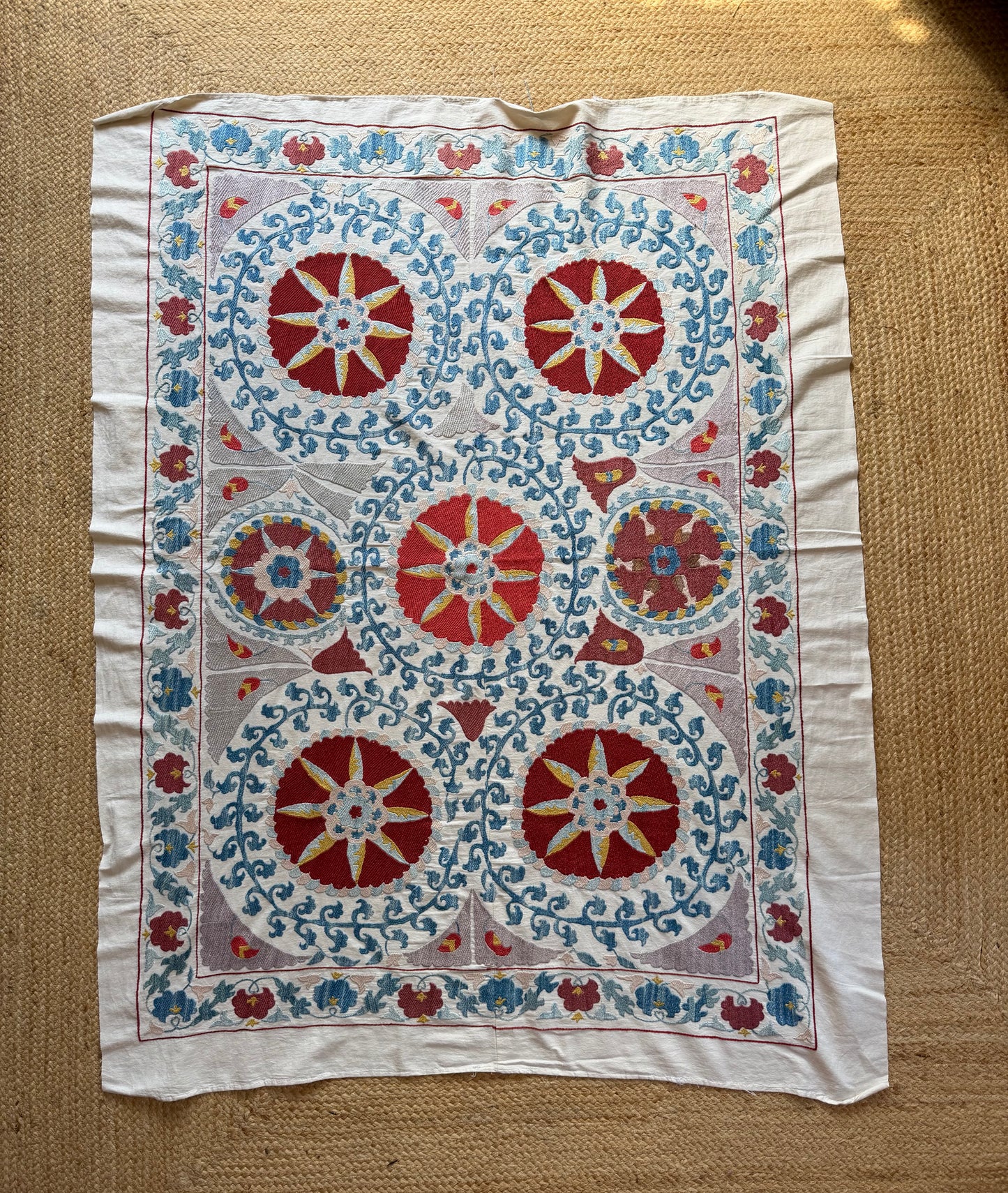Red Medallion & Blue Scrolling Suzani, Medium