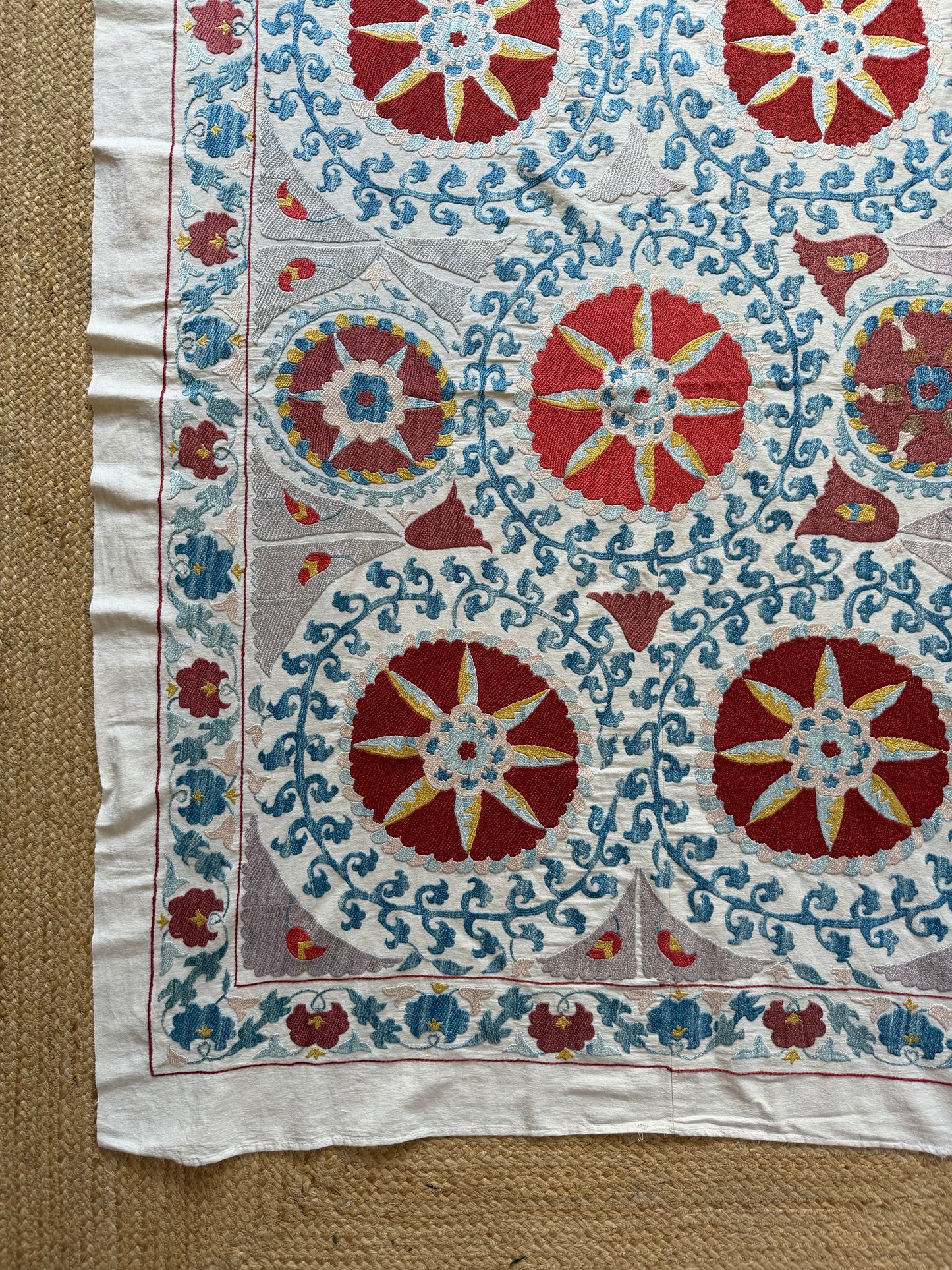 Red Medallion & Blue Scrolling Suzani, Medium