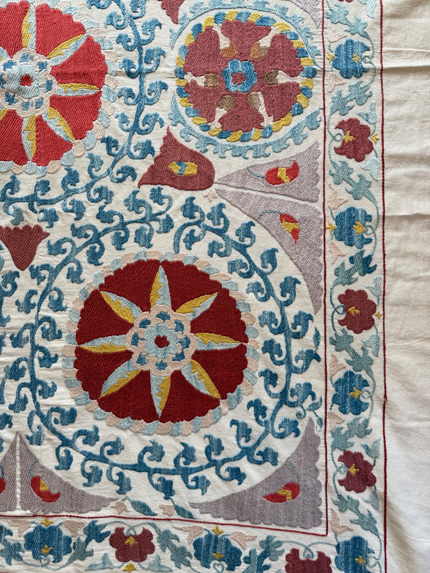 Red Medallion & Blue Scrolling Suzani, Medium