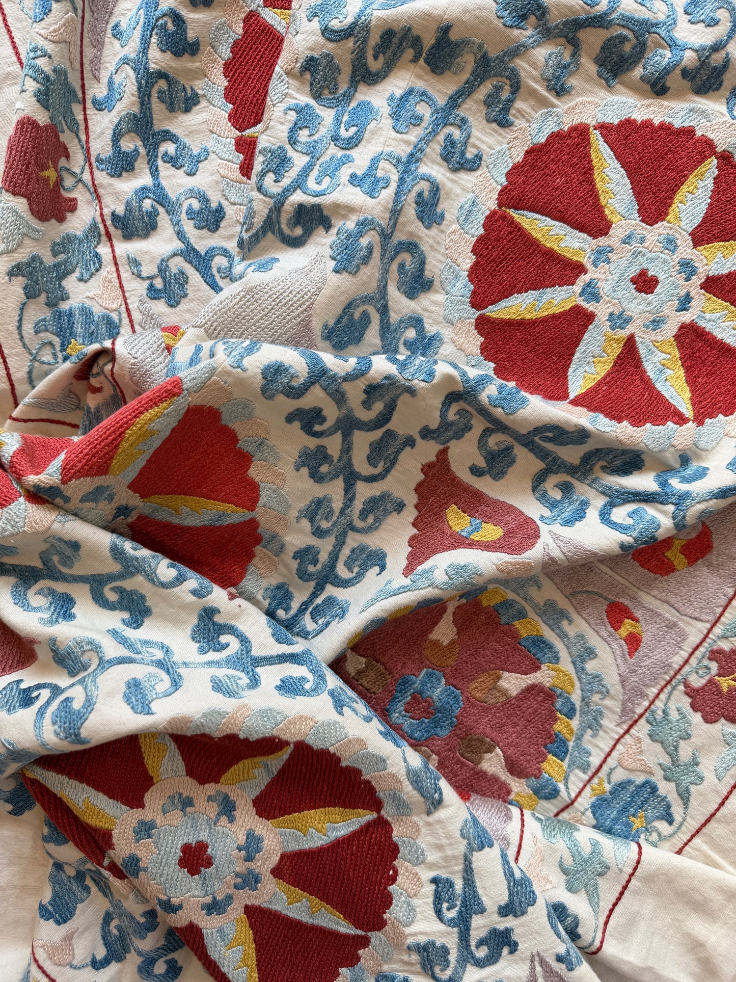 Red Medallion & Blue Scrolling Suzani, Medium