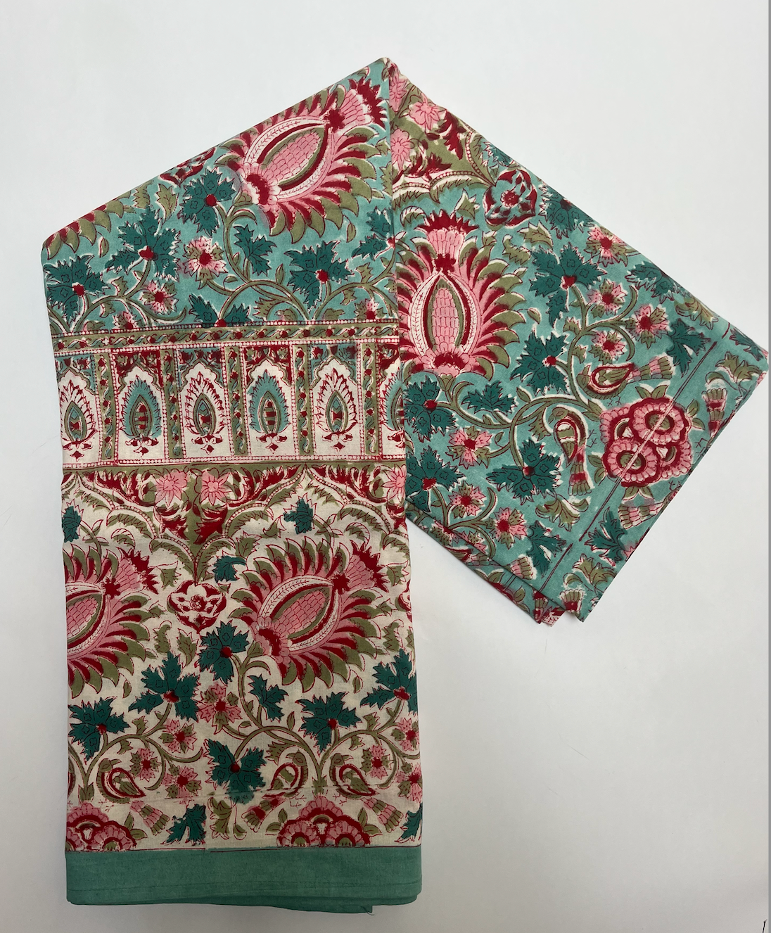 Turquoise, Pink & Red Blockprinted Cotton Tablecloth - Various Sizes