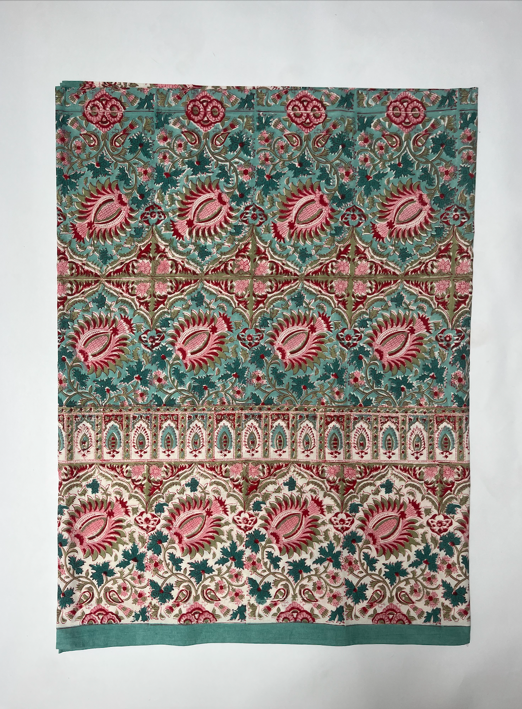 Turquoise, Pink & Red Blockprinted Cotton Tablecloth - Various Sizes