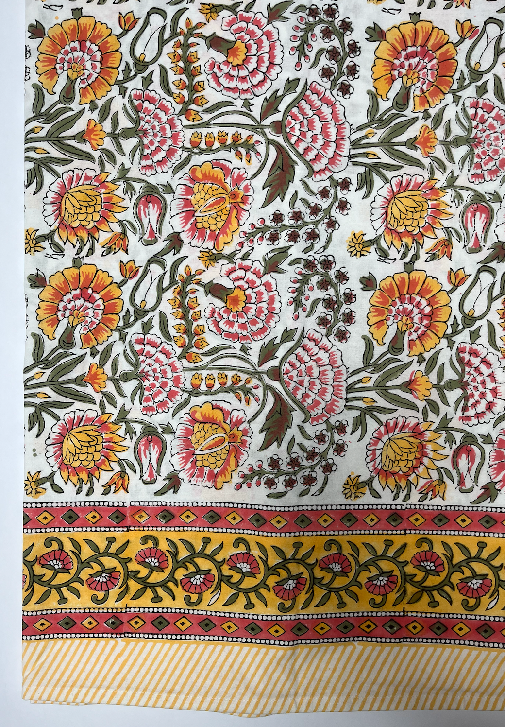 Yellow & Orange with Green & Pink Blockprinted Cotton Tablecloth - Various Sizes