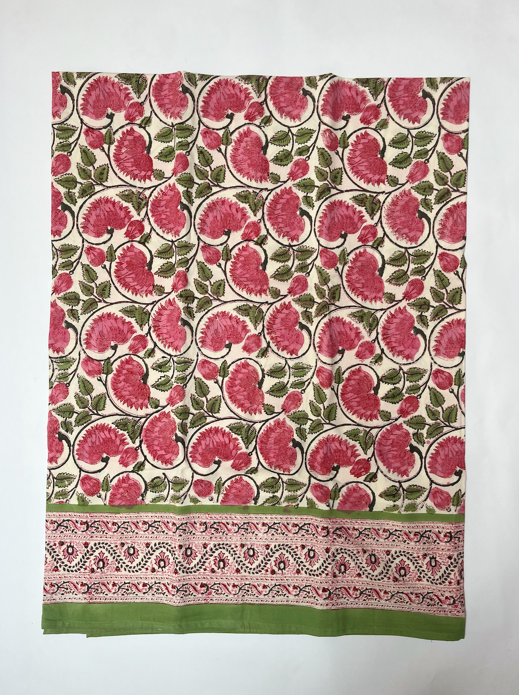 Pink & Green on White Blockprinted Cotton Tablecloth - Various Sizes