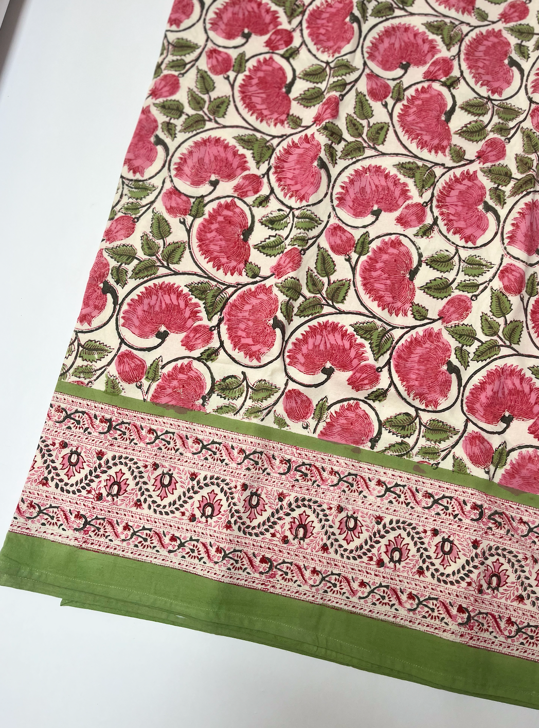Pink & Green on White Blockprinted Cotton Tablecloth - Various Sizes