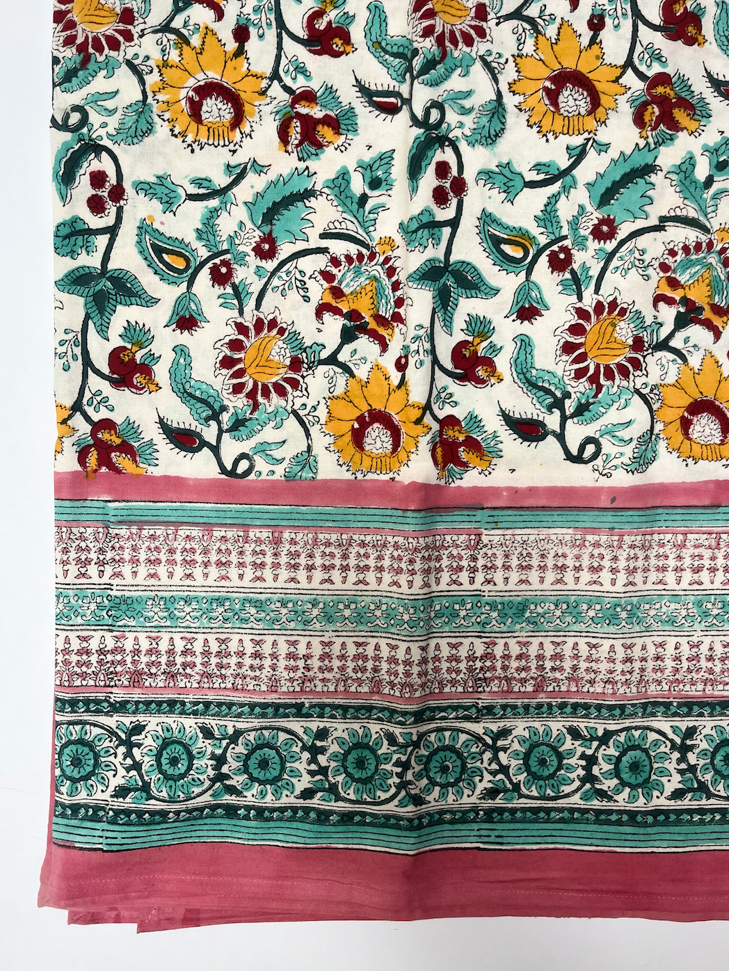 Pink with Turquoise & Yellow Blockprinted Cotton Tablecloth - Various Sizes