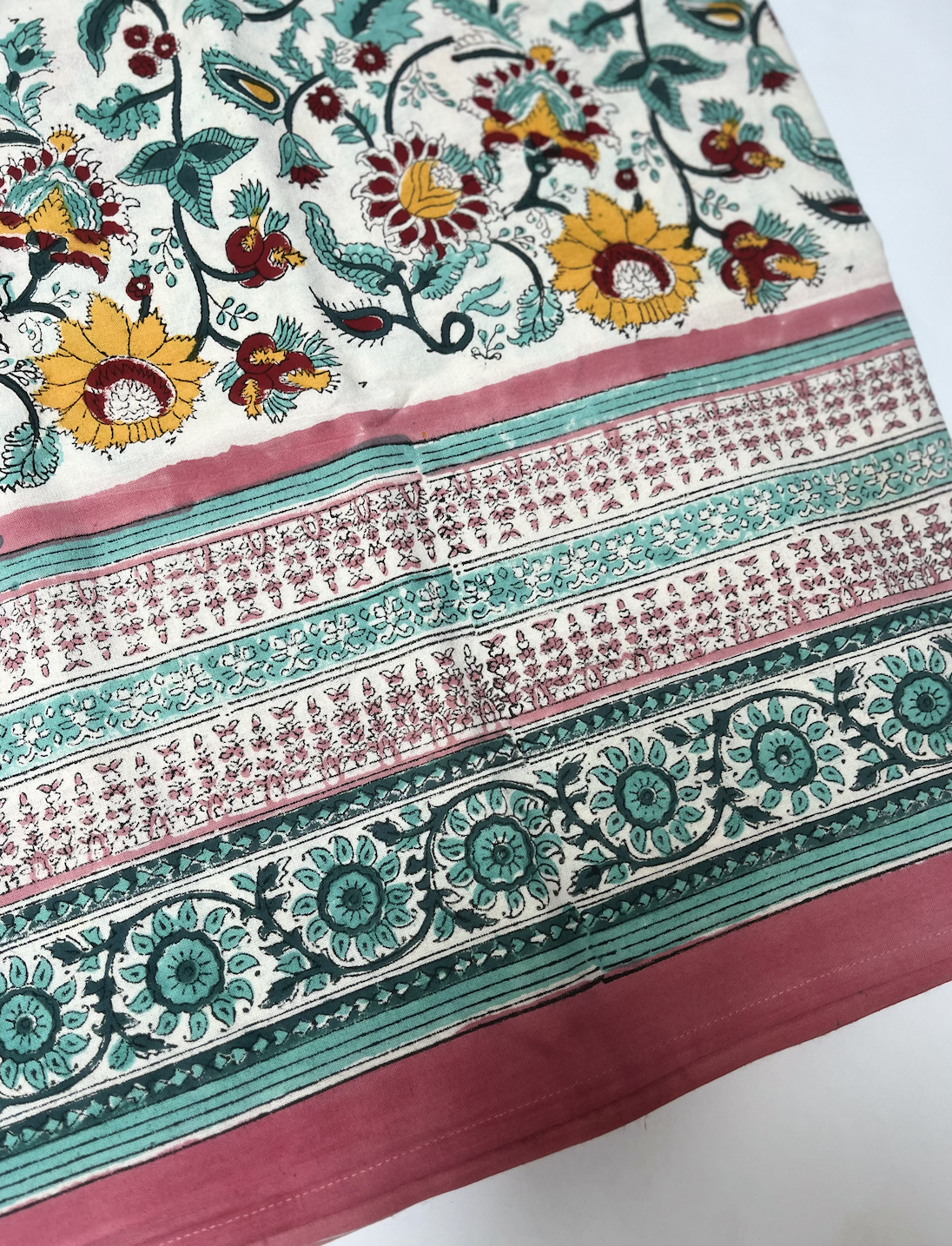 Pink with Turquoise & Yellow Blockprinted Cotton Tablecloth - Various Sizes