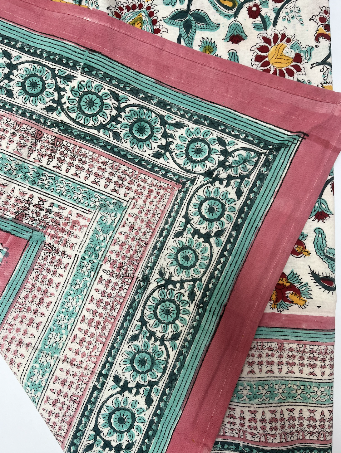 Pink with Turquoise & Yellow Blockprinted Cotton Tablecloth - Various Sizes