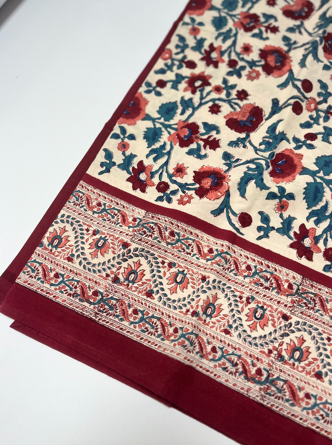 Wine Red with Blue Blockprinted Cotton Tablecloth - Various Sizes